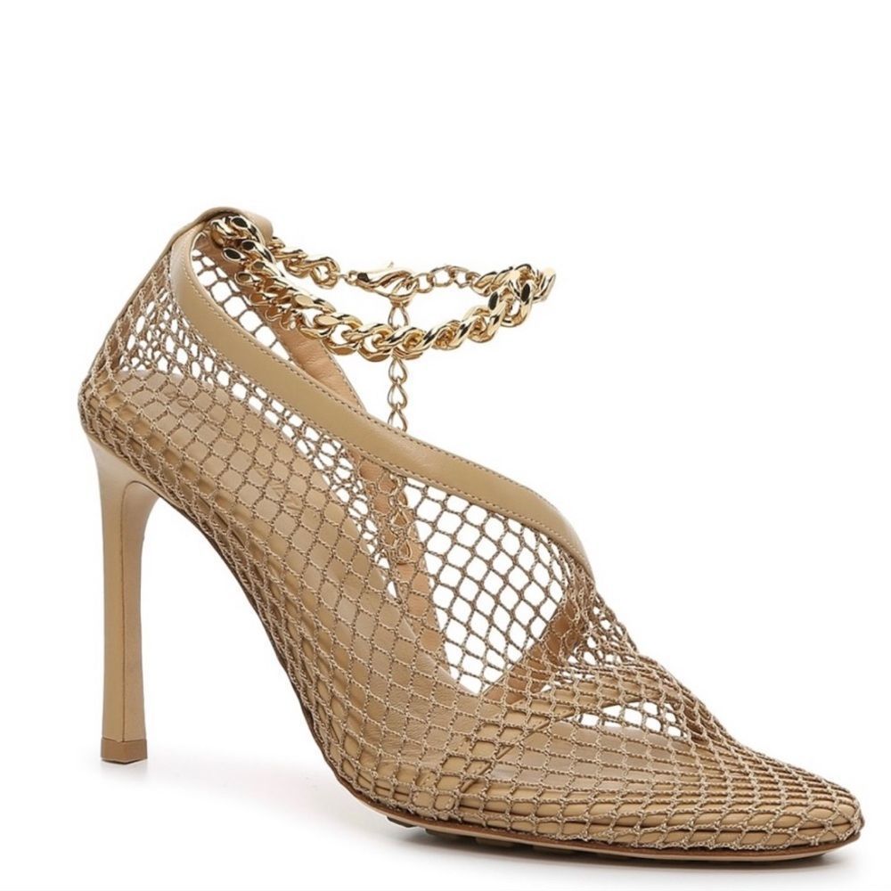 Bottega Veneta Gold Leather Mesh Chain Ankle Strap Heels